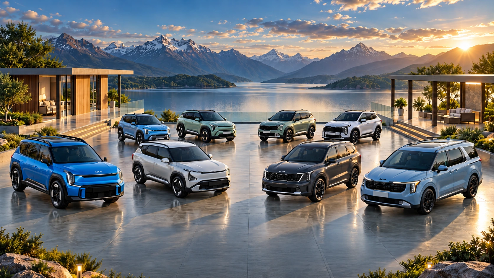 Portafolio de vehículos eléctricos e híbridos Kia frente a un lago
